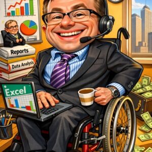 an AI Cartoon version of Alan who is  a wheelchair user, holding a drink on a laptop, 