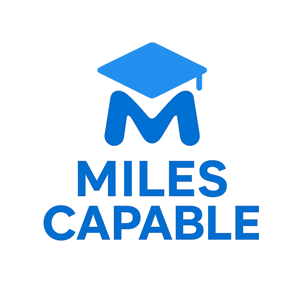a blue education style hat, on top of a blue 'M' and under it, it says Miles Capable