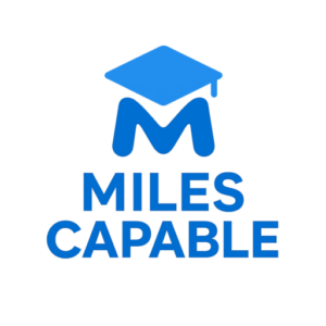 a blue education style hat, on top of a blue 'M' and under it, it says Miles Capable